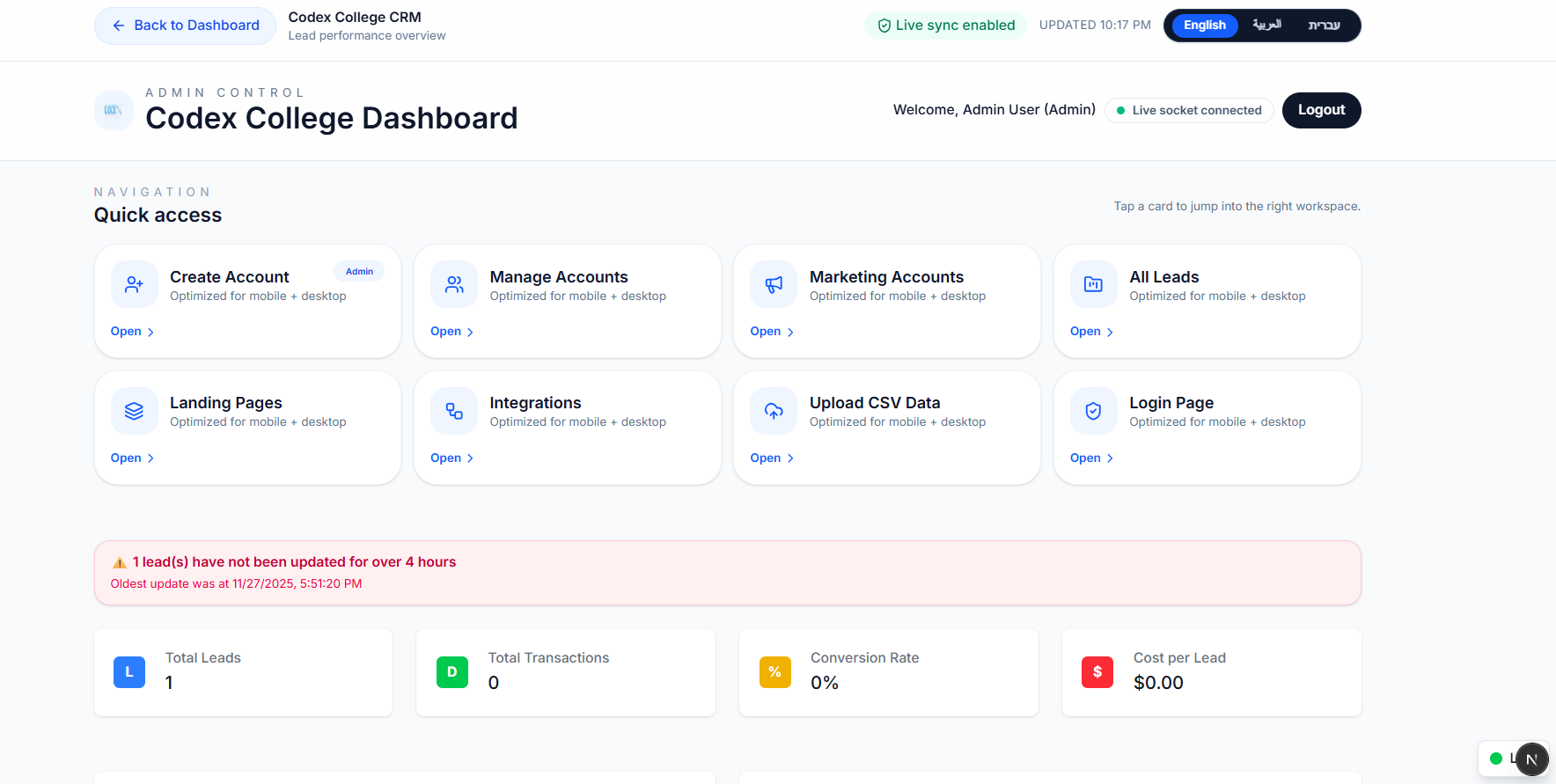 Codex CRM dashboard